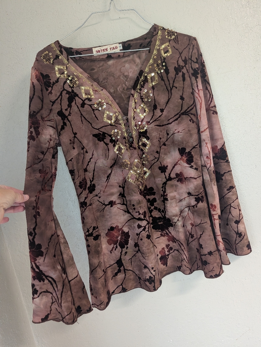 Y2K Whimsigoth Top S Beaded Velour Floral Velvet Bell Sleeve Vintage Fairy Boho